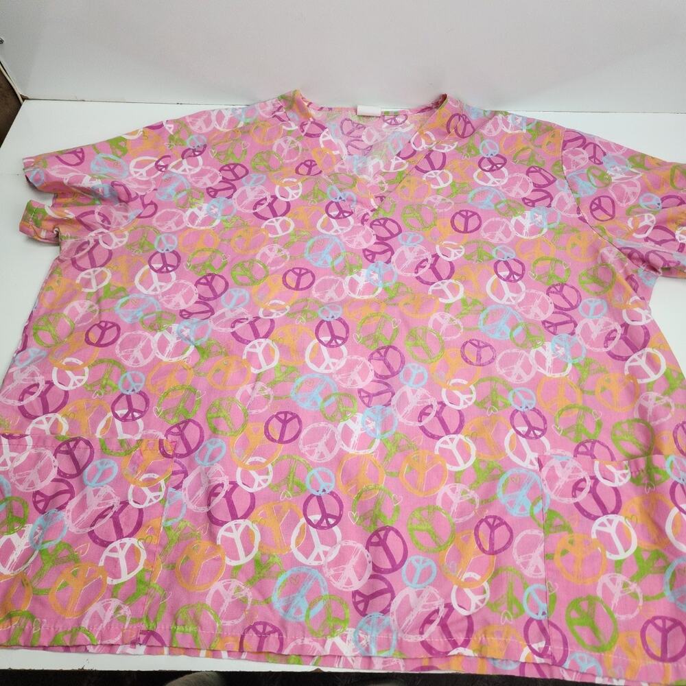 Bless-u Pink Peace Signs Short Sleeve Scrubs Top Women's Size 4XL